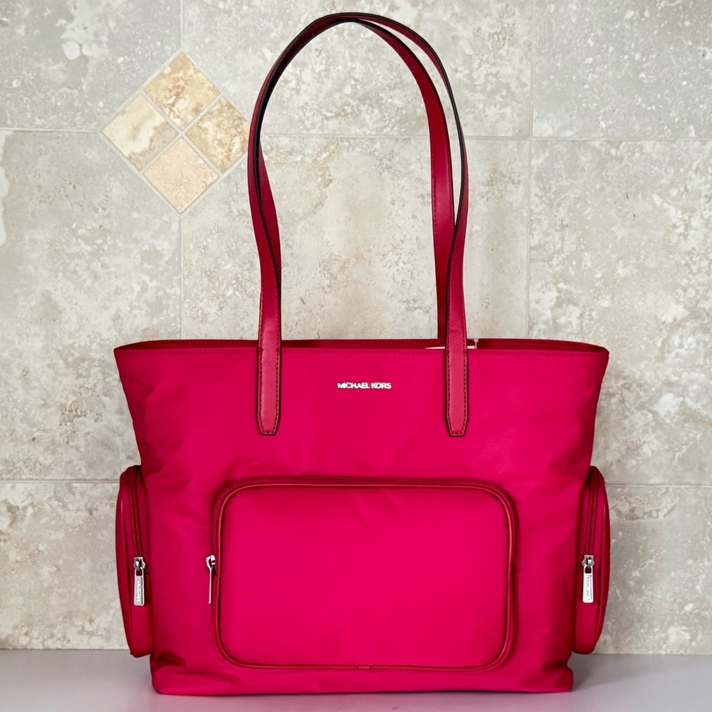 Michael Kors Khai LG Multifunction Laptop Tote Shoulder Nylon Bag Dark Raspberry